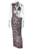 Sexy Leopard Print Hollow Out Halter Sleeveless Two Pieces