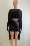 Sexy Solid Color See-Through O Neck Three Quarter Two Pieces