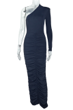 Casual Solid Color Patchwork Oblique Collar Long Dresses