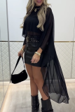 Sexy Solid Color See-Through O Neck Three Quarter Two Pieces