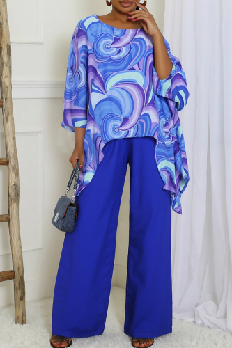 Casual Print Patchwork O Neck Three Quarter Two Pieces