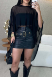 Sexy Solid Color See-Through O Neck Three Quarter Two Pieces