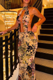 Sexy Print Patchwork Slit O Neck Sleeveless Two Pieces