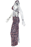 Sexy Leopard Print Hollow Out Halter Sleeveless Two Pieces