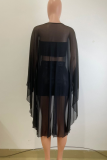 Sexy Solid Color See-Through O Neck Three Quarter Two Pieces