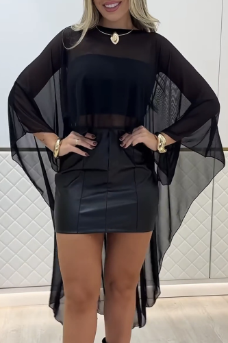 Sexy Solid Color See-Through O Neck Three Quarter Two Pieces