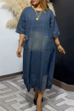 Casual Solid Color Pocket O Neck Half Sleeve Loose Denim Dresses