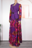Elegant Print With Belt V Neck Plus Size Two Pieces