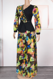 Casual Print With Belt Stringy Selvedge V Neck Plus Size Two Pieces