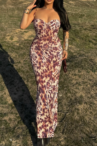 Sexy Print Patchwork Spaghetti Strap Long Dresses