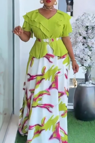Elegant Print With Belt V Neck Long Plus Size Dresses