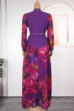 Elegant Print With Belt V Neck Plus Size Two Pieces