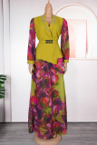 Elegant Print With Belt V Neck Plus Size Two Pieces