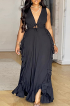 Sexy Solid Color Strap Design Ruffled Trim V Neck Long Plus Size Dresses