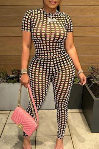 Sexy Print See-Through O Neck Short Sleeve Two Pieces