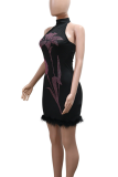 Sexy Flowers Backless Hot Drill O Neck Wrapped Skirt Dresses