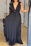 Sexy Solid Color Strap Design Ruffled Trim V Neck Long Plus Size Dresses