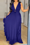 Sexy Solid Color Strap Design Ruffled Trim V Neck Long Plus Size Dresses