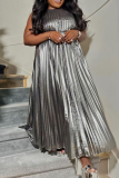 Elegant Solid Color Strap Design Pleated O Neck Long Plus Size Dresses