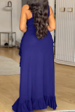 Sexy Solid Color Strap Design Ruffled Trim V Neck Long Plus Size Dresses