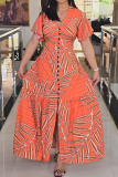 Elegant Print Buckle V Neck Long Dresses