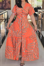 Elegant Print Buckle V Neck Long Dresses