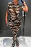 Sexy Print See-Through O Neck Short Sleeve Two Pieces
