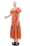 Elegant Print Buckle V Neck Long Dresses