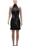 Sexy Flowers Backless Hot Drill O Neck Wrapped Skirt Dresses