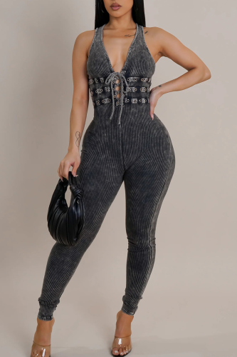 Casual Solid Color Strap Design V Neck Skinny Jumpsuits