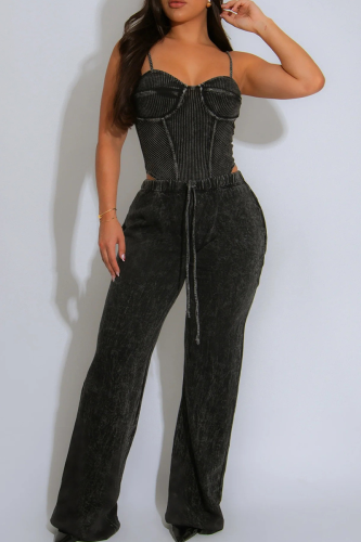 Casual Solid Color Draw String Spaghetti Strap Sleeveless Two Pieces