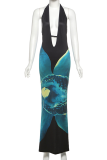 Sexy Print Hollow Out Slit Halter Long Dresses