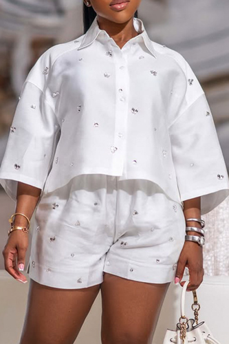 Casual Solid Color Buckle Beading Turndown Collar Three Quarter Two Pieces