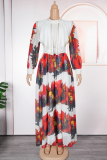 Elegant Print With Belt Zipper Flounce O Neck Long Plus Size Dresses