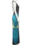 Sexy Print Hollow Out Slit Halter Long Dresses