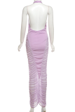 Sexy Solid Color See-Through Backless Ruched Halter Long Dresses