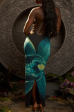 Sexy Print Hollow Out Slit Halter Long Dresses