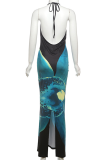 Sexy Print Hollow Out Slit Halter Long Dresses