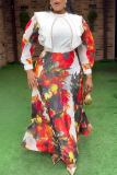Elegant Print With Belt Zipper Flounce O Neck Long Plus Size Dresses