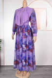 Elegant Print With Belt Zipper Flounce O Neck Long Plus Size Dresses