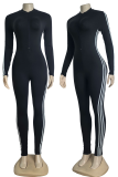 Casual Stripe Zipper Contrast Zipper Collar Skinny Jumpsuits