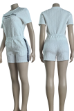 Casual Jacquard Letters Pocket Embroidery O Neck Short Sleeve Two Pieces