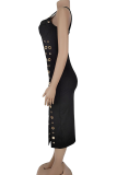 Sexy Solid Color Hollow Out Metal Accessories Trim High Slit Spaghetti Strap Wrapped Skirt Dresses