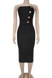 Sexy Solid Color Buckle Strapless Wrapped Skirt Dresses