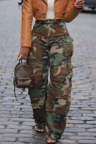 Casual Camouflage Print Pocket Loose Mid Waist Conventional Full Print Bottoms