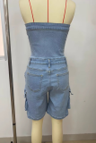 Sexy Solid Color Pocket Buckle Strapless Skinny Rompers