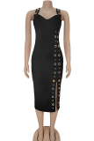 Sexy Solid Color Hollow Out Metal Accessories Trim High Slit Spaghetti Strap Wrapped Skirt Dresses