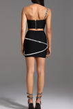 Sexy Solid Color Hot Drill Asymmetrical Collar Sleeveless Two Pieces