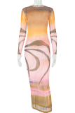 Elegant Print O Neck Wrapped Skirt Dresses