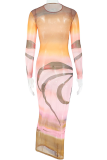 Elegant Print O Neck Wrapped Skirt Dresses